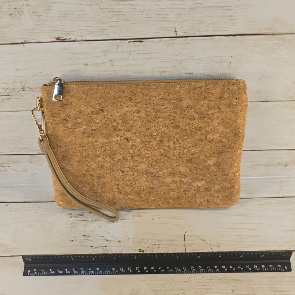 Madison West Cork Gold Foil Fleck Wristlet Clutch Bag Tan Black White Striped